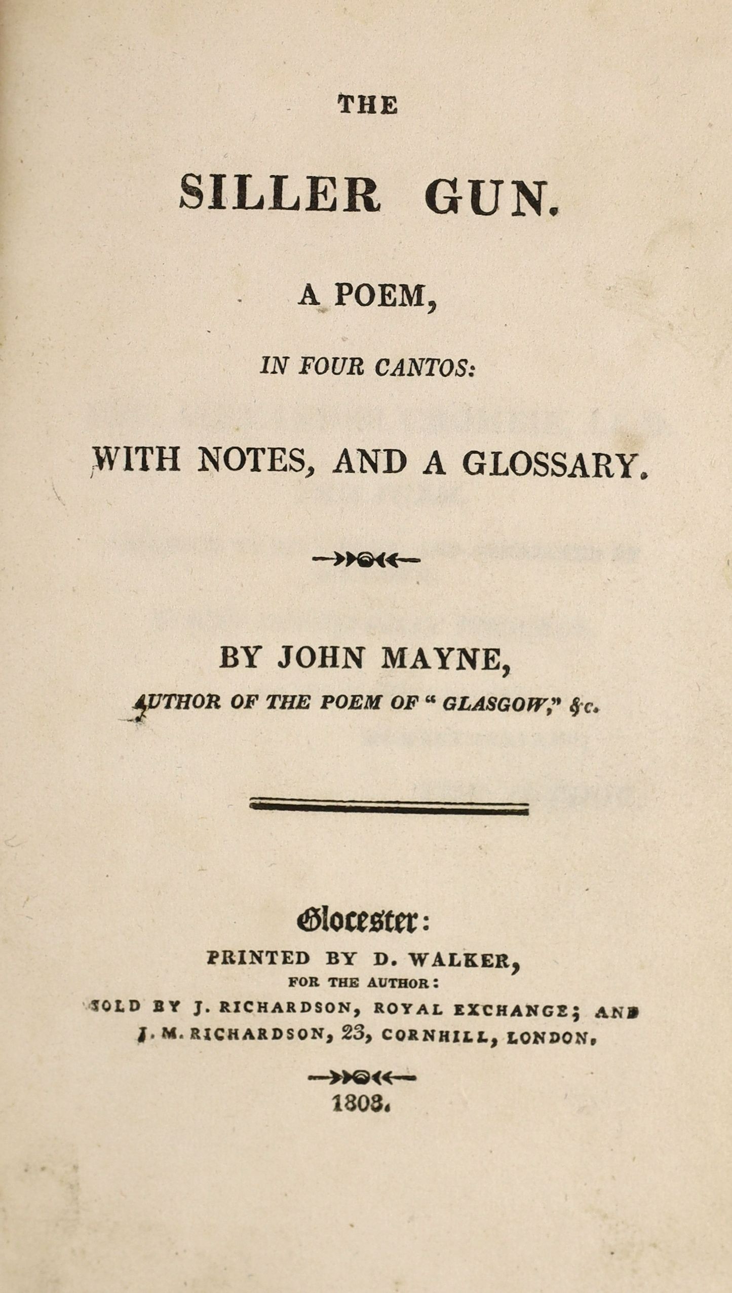 Mayne, John - The Siller Gun. A Poem, in Four Cantos, 8vo, paper boards, Thomas Cadell, London, Glocester [sic], 1808; [Lewis, Matthew Gregory] - Tales of Terror with Introductory Dialogue, 1st edition,  8vo, red moro...